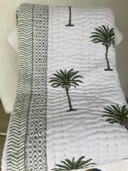 Kantha, Green Palms on white, slightly padded