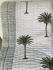 Kantha, Green Palms on white, slightly padded