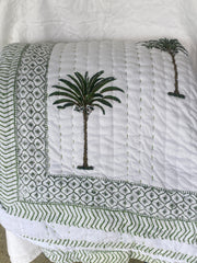 Kantha, Green Palms on white, slightly padded