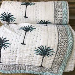 Kantha, Blue palms slightly padded cotton quilt.