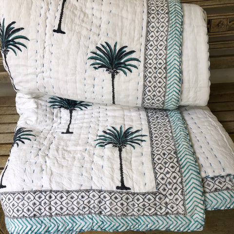 Kantha, Blue palms slightly padded cotton quilt.