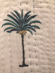Kantha, Blue palms slightly padded cotton quilt.