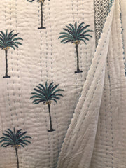 Kantha, Blue palms slightly padded cotton quilt.