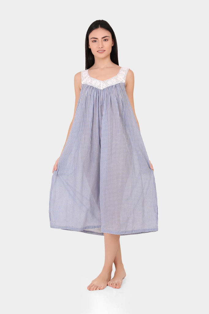 Arabella - Nightie V-Neck Laced Blue Gingham (410EEB)