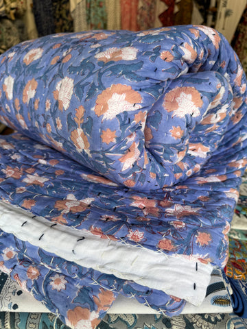 Cotton padded quilts,  blue & taurpe florals