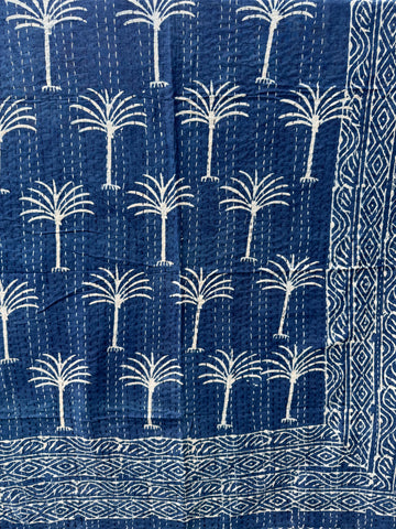 Kantha, Indigo & white palm