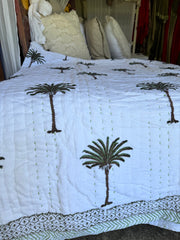 Kantha, Green Palms on white, slightly padded