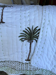 Kantha, Green Palms on white, slightly padded