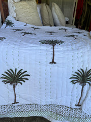 Kantha, Green Palms on white, slightly padded
