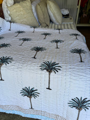 Kantha, Blue Palms on white, slightly padded