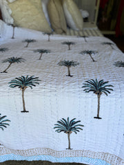Kantha, Blue Palms on white, slightly padded