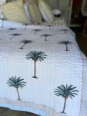 Kantha, Blue Palms on white, slightly padded
