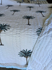 Kantha, Blue Palms on white, slightly padded