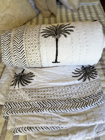 Kantha, Grey Palms on white, slightly padded