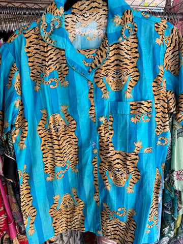 Cotton PJ short set, blue stripe tiger