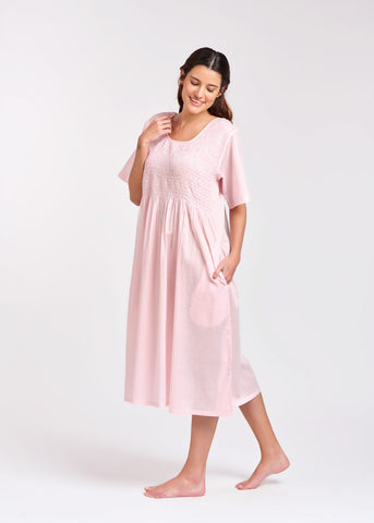Arabella - Nightie Short sleeve, shirred bodice, Pink Gingham (83CP)