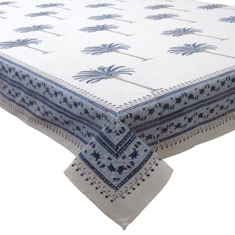 Block printed tablecloths, Blue Palm 150 x 220cm, 180 x 270, 180 x 340cm