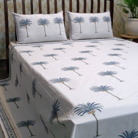 Blue Palm Bedsheeting & 2 blue palm pillow cases, 220 x 265cm
