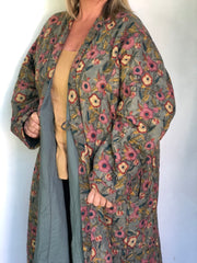 Anokhi Quilted Robes - Long, Dusky blue & pink flowers