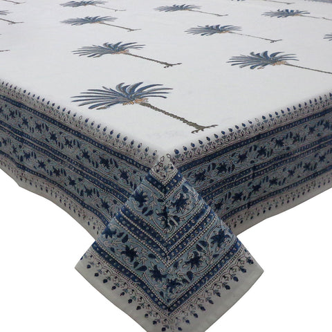 Block printed tablecloths, Blue Palm 220 x 220cm Square, 180 x 270, 180 x 340cm